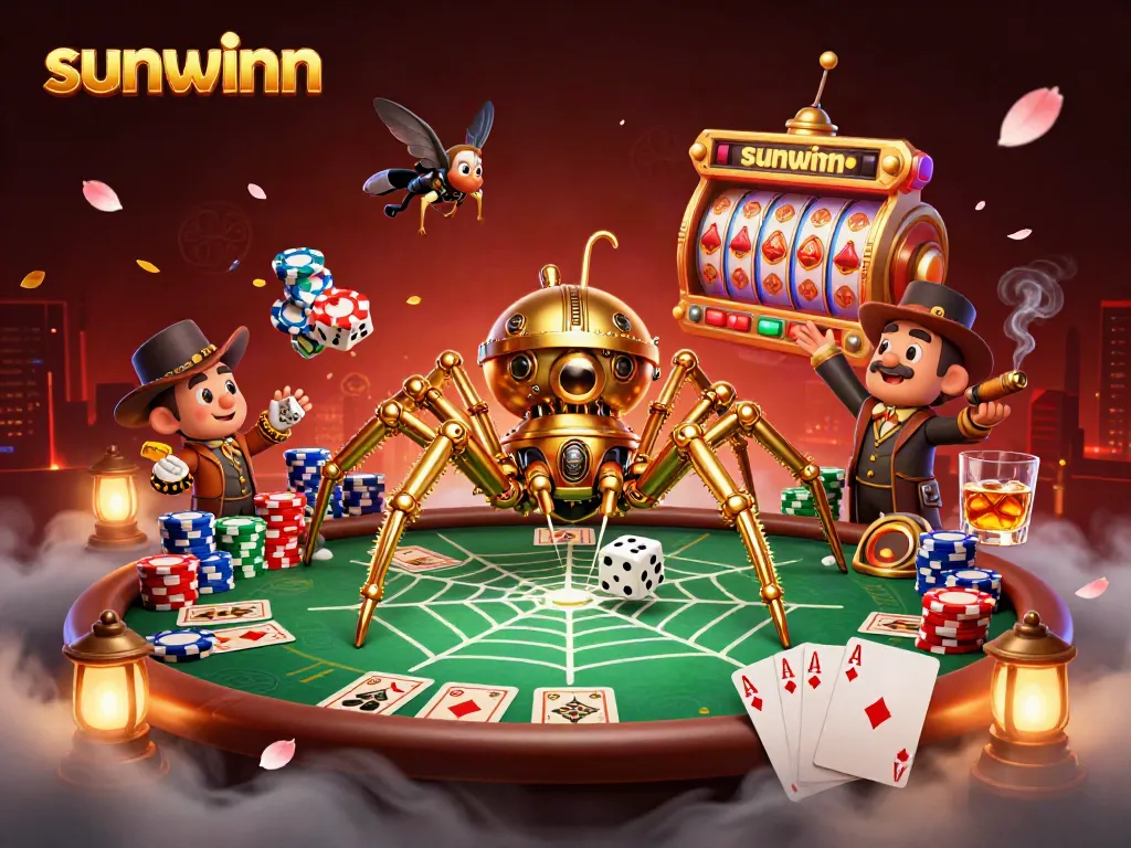 Experience the sunwinn gaming world with a dynamic scene featuring a steampunk spider and poker elements.