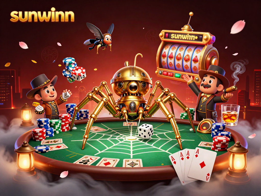 Experience the sunwinn gaming world with a dynamic scene featuring a steampunk spider and poker elements.