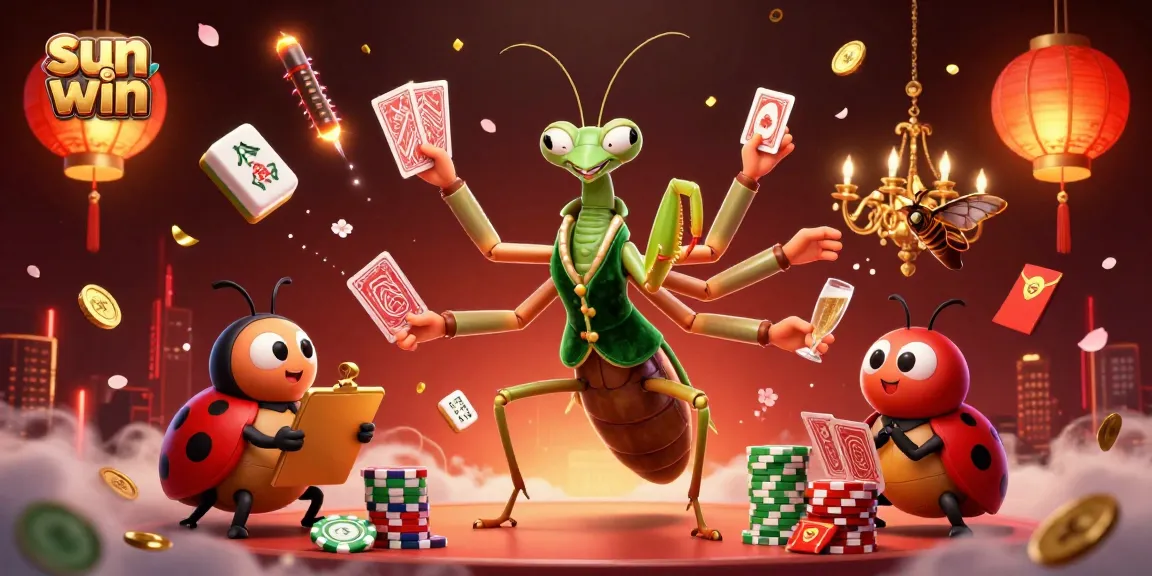Engage with sun win in this vibrant casino illustration featuring a card sharp and ladybug pit boss.