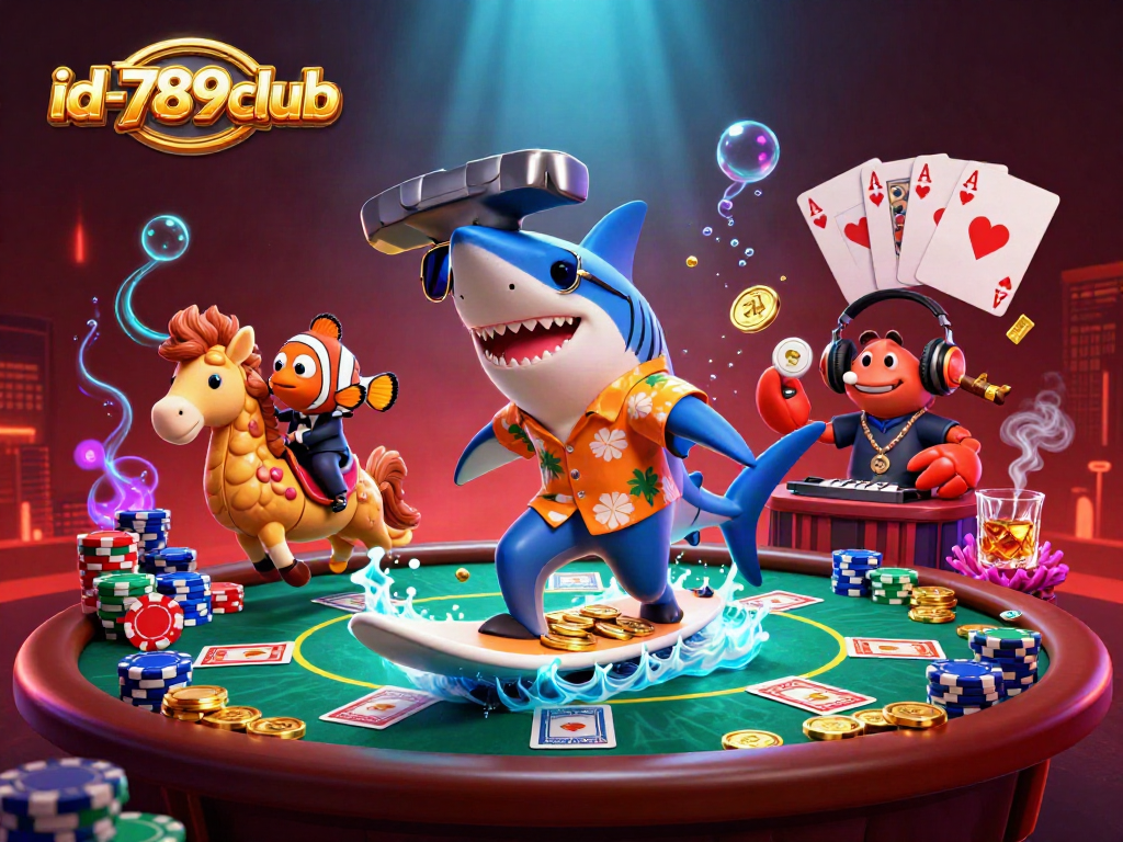Engage with id-789club in a vibrant casino-themed underwater scene featuring cartoon sea creatures.