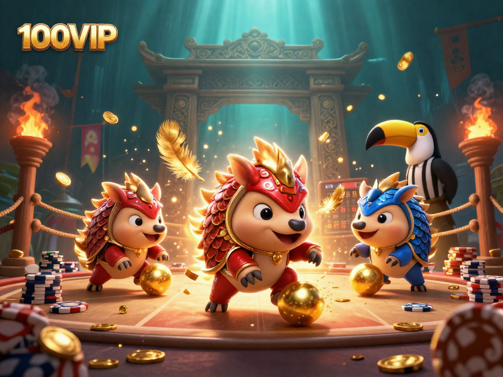 Experience the exciting showdown at 100VIP featuring rival pangolins in a vibrant casino scene.