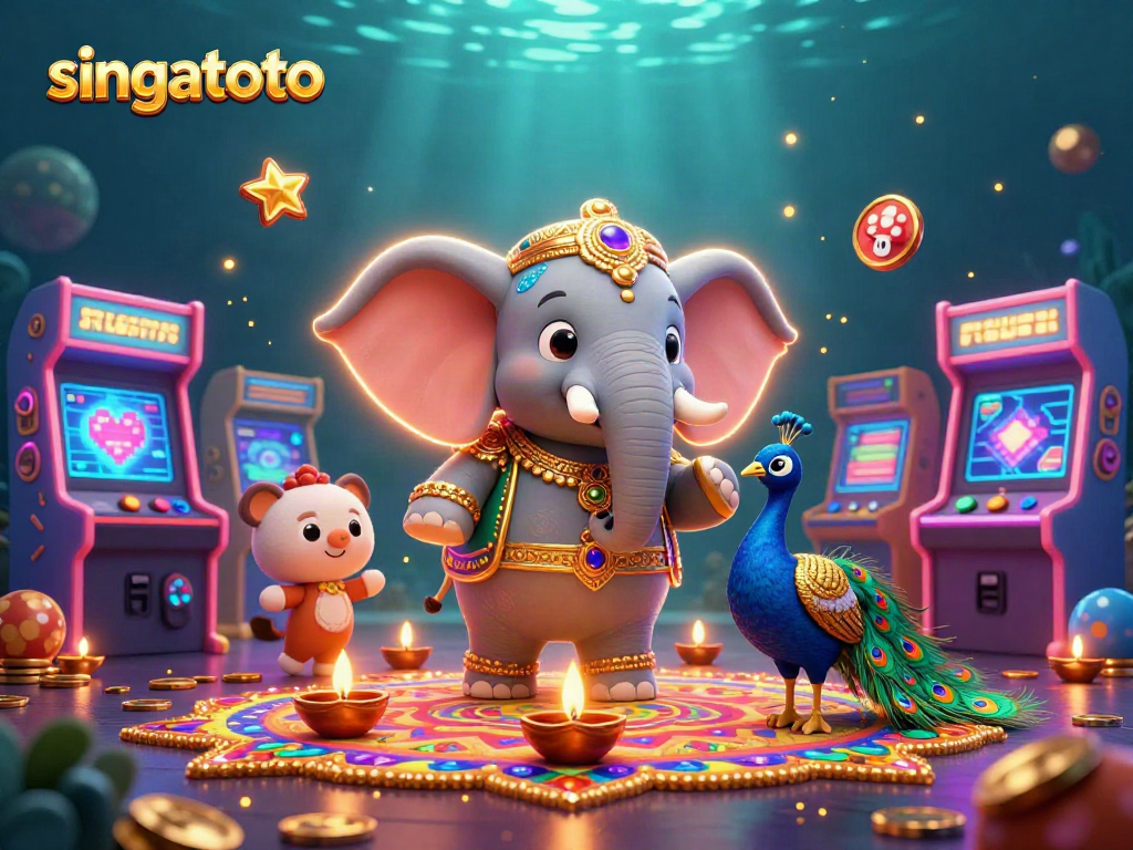 Engage in singatoto's vibrant online gaming scene with an elephant, peacock, and dynamic arcade elements.