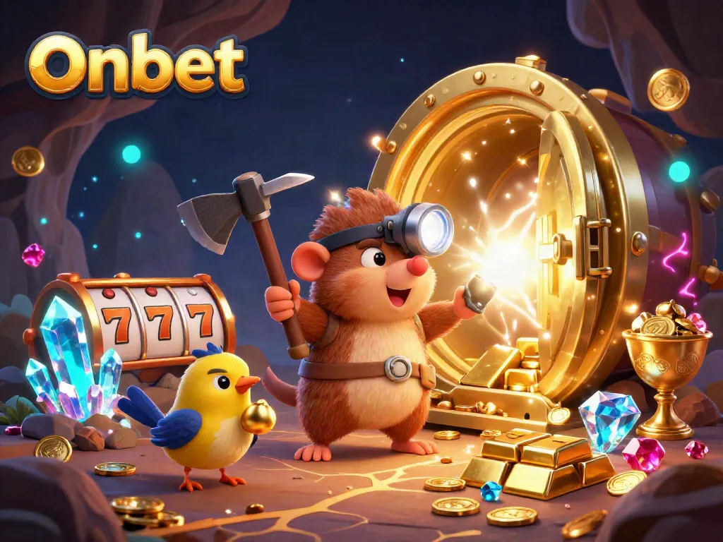 Experience thrilling wins with Onbet's vibrant 3D casino scene featuring a treasure hunter mole amidst golden riches.