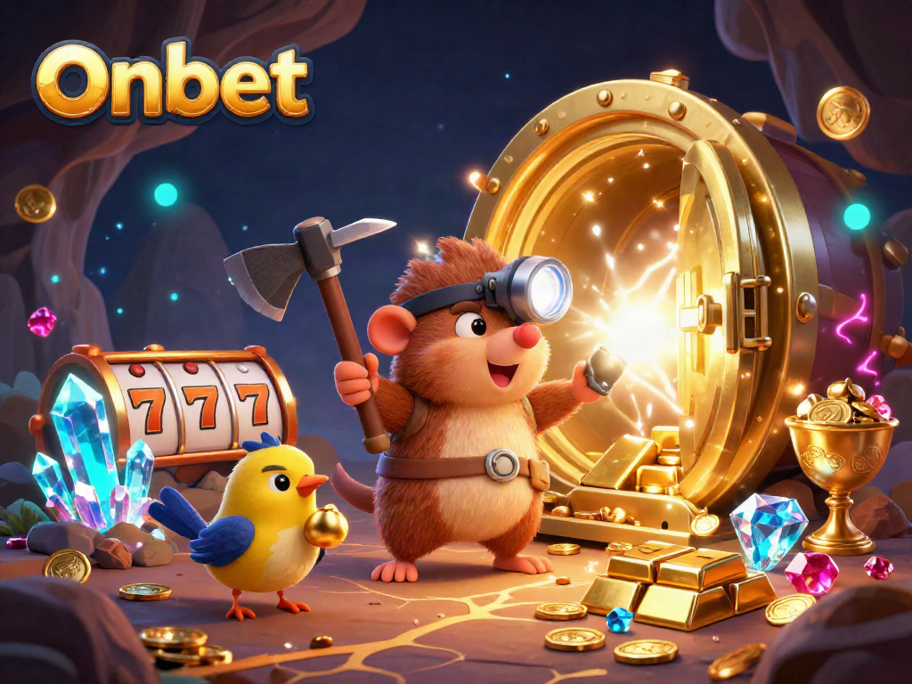 Experience thrilling wins with Onbet's vibrant 3D casino scene featuring a treasure hunter mole amidst golden riches.