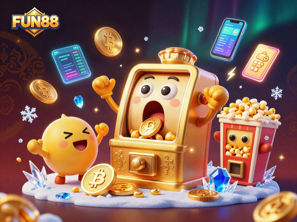 Experience FUN88's thrilling casino scene with a golden slot machine celebrating a jackpot.