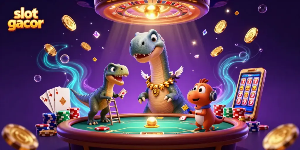 Engage with slot gacor excitement featuring a towering brontosaurus and raptor dealer amidst dazzling casino elements.