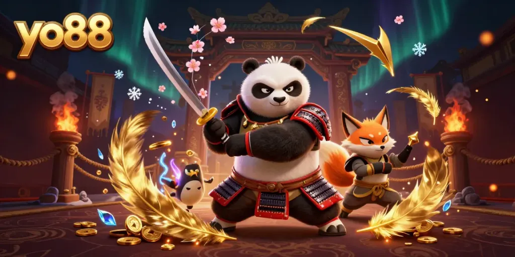 Experience thrilling gameplay with the yo88 samurai panda and ninja fox in a dynamic casino scene.