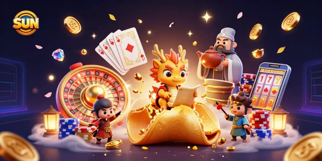 Play to win at Sun with a vibrant casino scene featuring golden fortune cookies and sparkling gems.