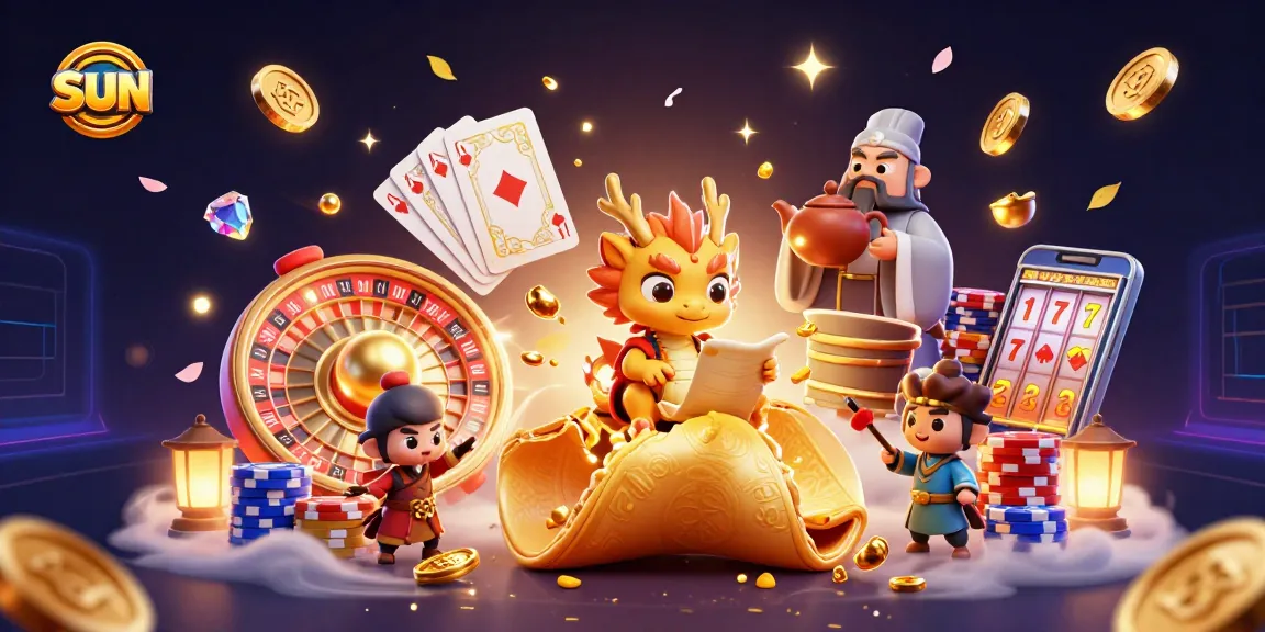 Play to win at Sun with a vibrant casino scene featuring golden fortune cookies and sparkling gems.