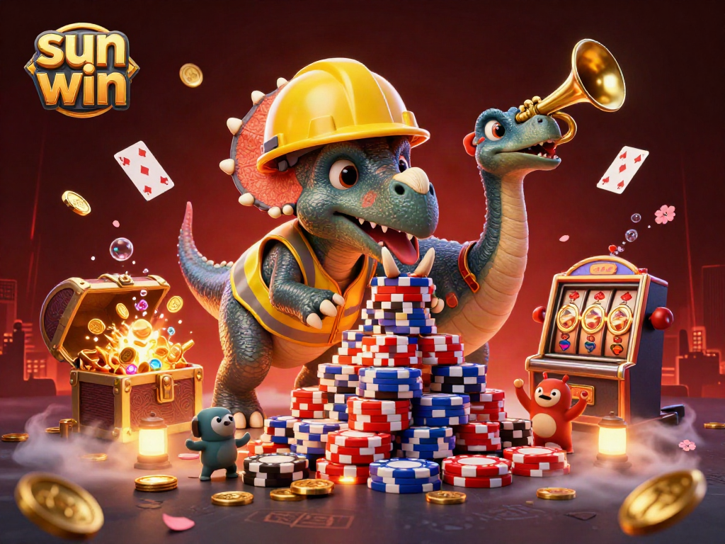 Engage with the thrilling world of sun win, where a celebration of poker chips and slot reels merge in a vibrant casino scene.