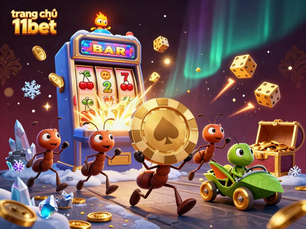 Experience the excitement of gaming at trang chủ 11bet with playful characters and vibrant casino elements surrounding them.