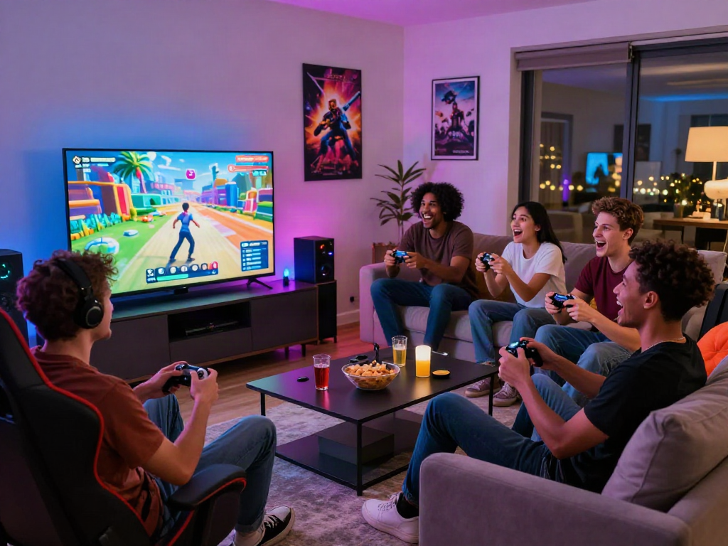 Friends playing an adult game in a lively living room setting with gaming gear and snacks