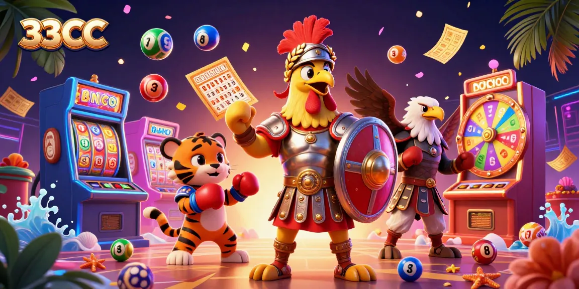 Engage in thrilling games at 33CC, featuring dynamic scenes with vibrant slot machines and exciting jackpots.