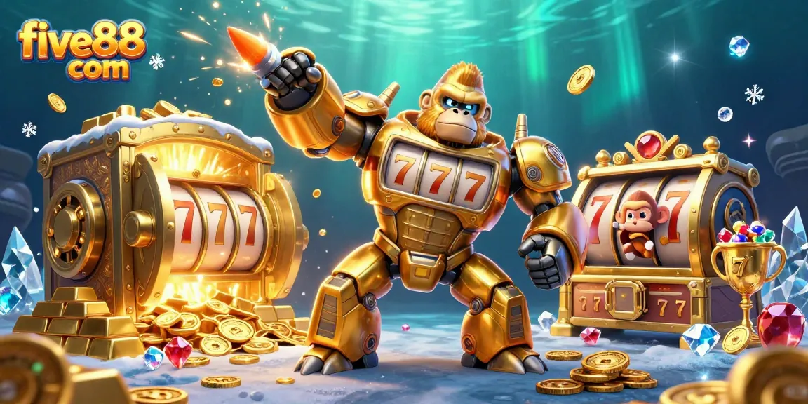 Experience thrilling wins with five88 com as a golden gorilla mech and slots come to life in an epic casino scene.