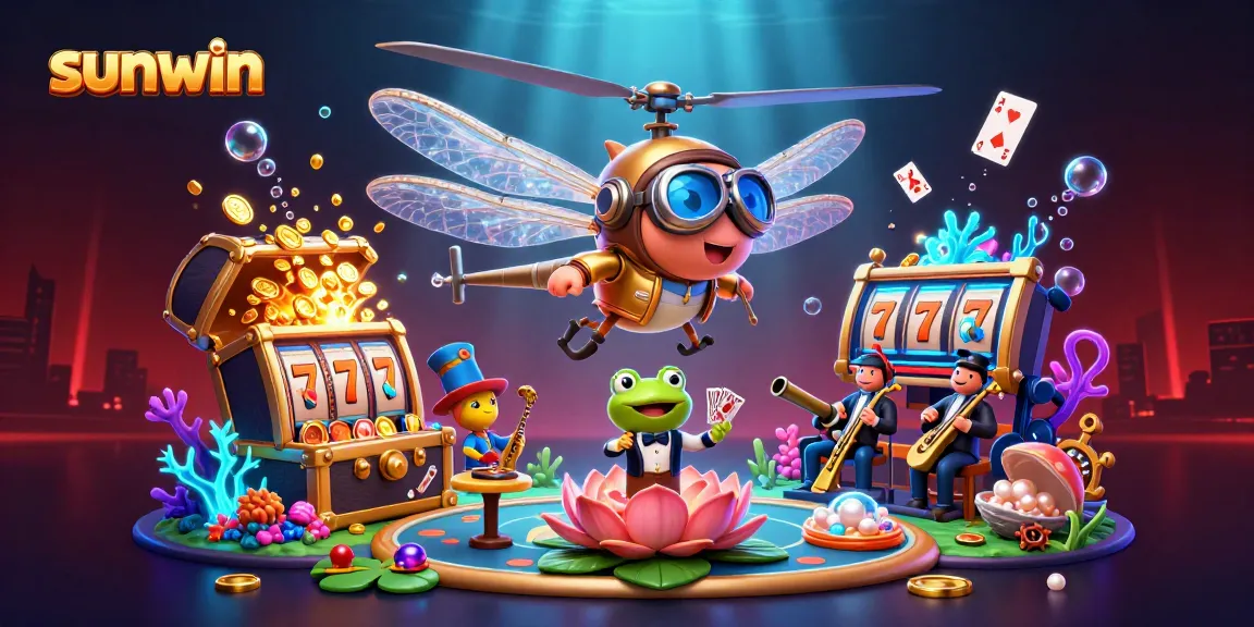 Experience exciting gameplay at sunwin with a dragonfly pilot and a frog croupier amidst vibrant casino scenes.