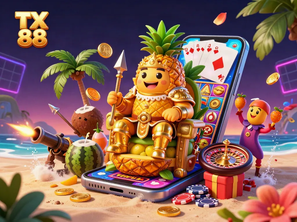 Engage with TX 88's vibrant casino scene featuring dynamic characters and colorful gaming elements.