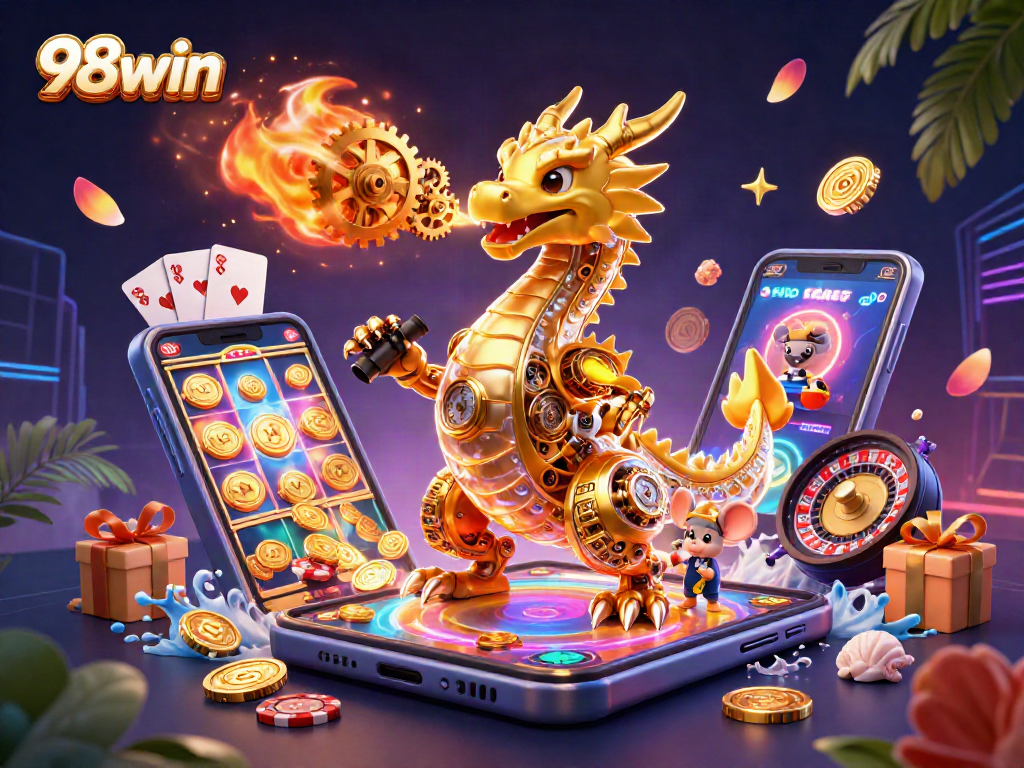 Engage with the exciting 98win world of online gaming featuring dynamic slot machines and starry casino elements.