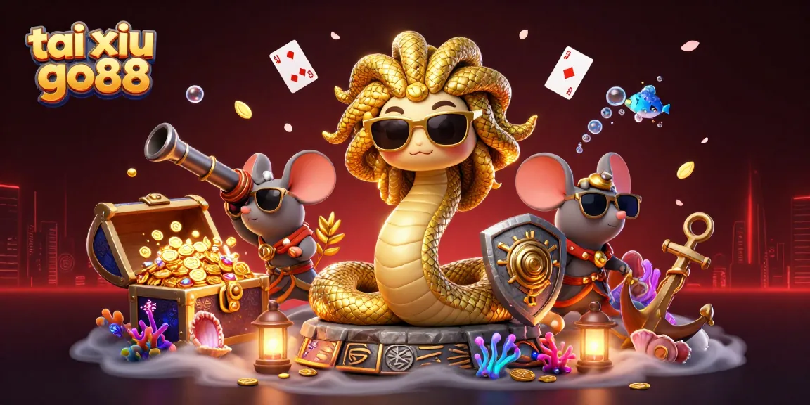 Tai xiu go88 illustration showcasing vibrant gaming elements, featuring Medusa, a warrior mouse, and dynamic casino imagery.