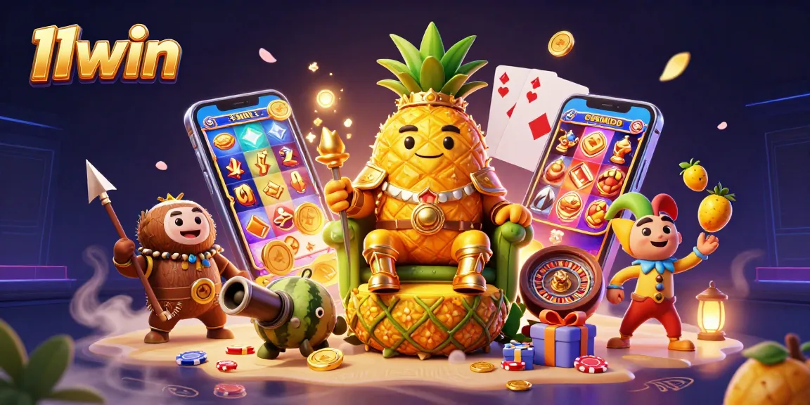 Experience the vibrant action at 11win with a golden pineapple king and dynamic casino elements.