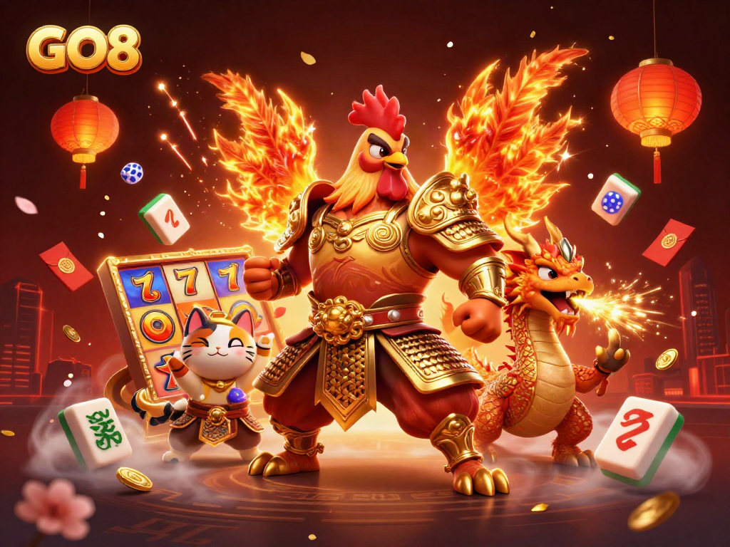 Engage in thrilling slots at GO8 casino, featuring dynamic 3D characters and vibrant winning elements.