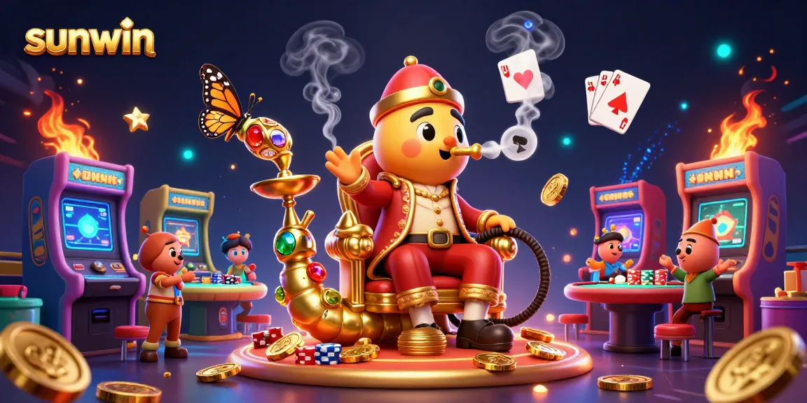 Play poker and win big with sunwin's vibrant 3D gaming scene featuring a magical caterpillar and casino elements.