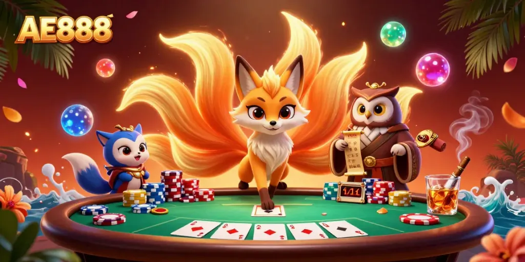 Explore the enchanting world of AE888 with a vibrant scene of luck and strategy at the poker table.