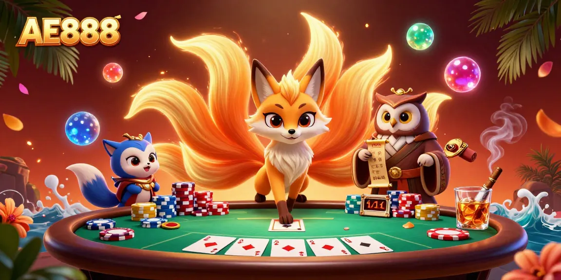 Explore the enchanting world of AE888 with a vibrant scene of luck and strategy at the poker table.