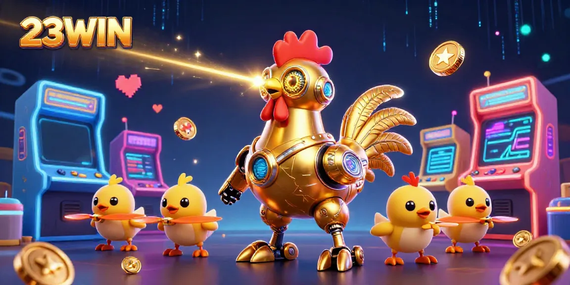 Engage with 23WIN's dynamic gaming world featuring golden rooster robots, arcade machines, and vibrant casino elements.