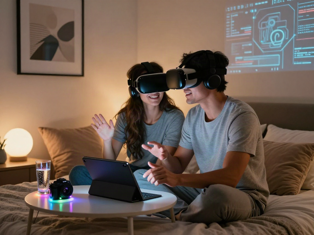 Couple exploring ai sex interactions through virtual reality in a cozy bedroom setting.