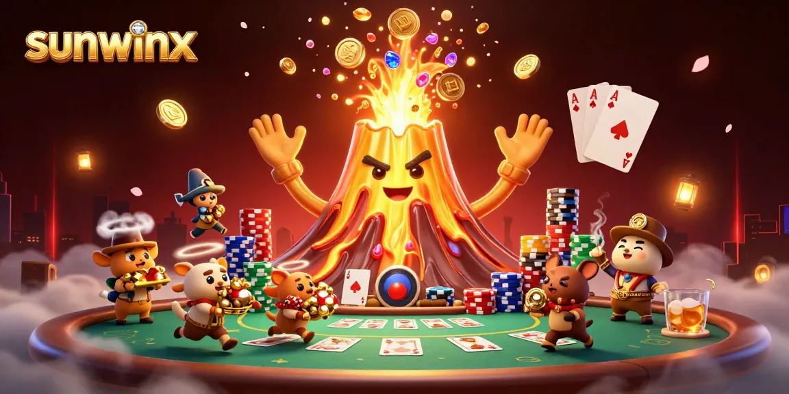 Experience the excitement of sunwinx with a dynamic illustration featuring a golden volcano erupting coins amidst poker elements.