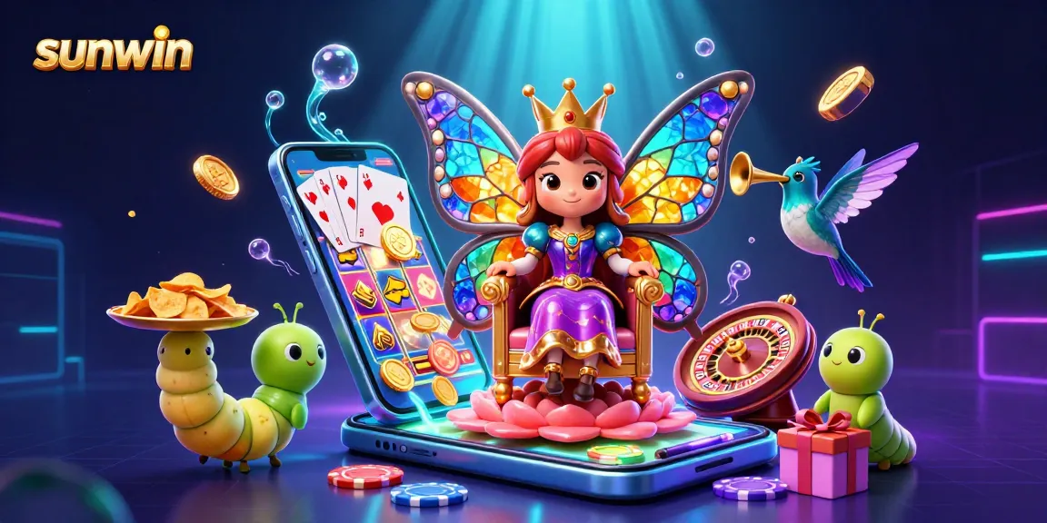 Experience sunwin's vibrant casino world with a colorful 3D butterfly queen and lively gaming elements.
