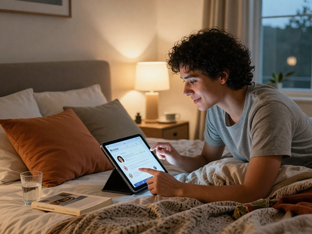 Couple exploring AI sex app in a cozy bedroom, enhancing intimacy.