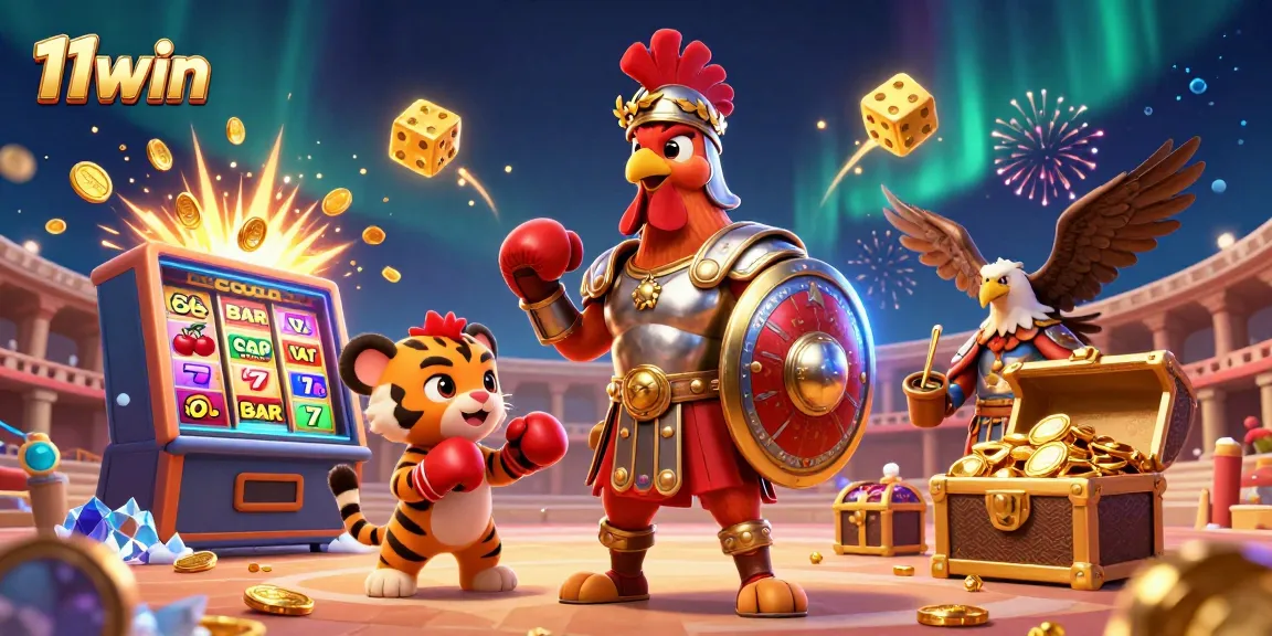 Engage in thrilling action with 11win as the rooster gladiator battles amidst a vibrant casino scene.