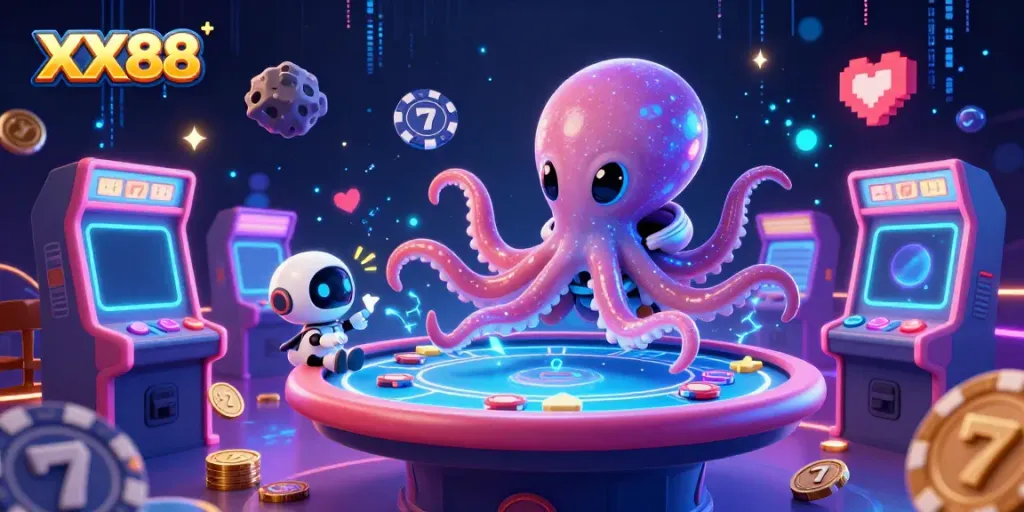 Experience the thrill of XX88 with a vibrant alien poker scene featuring colorful slot game elements.