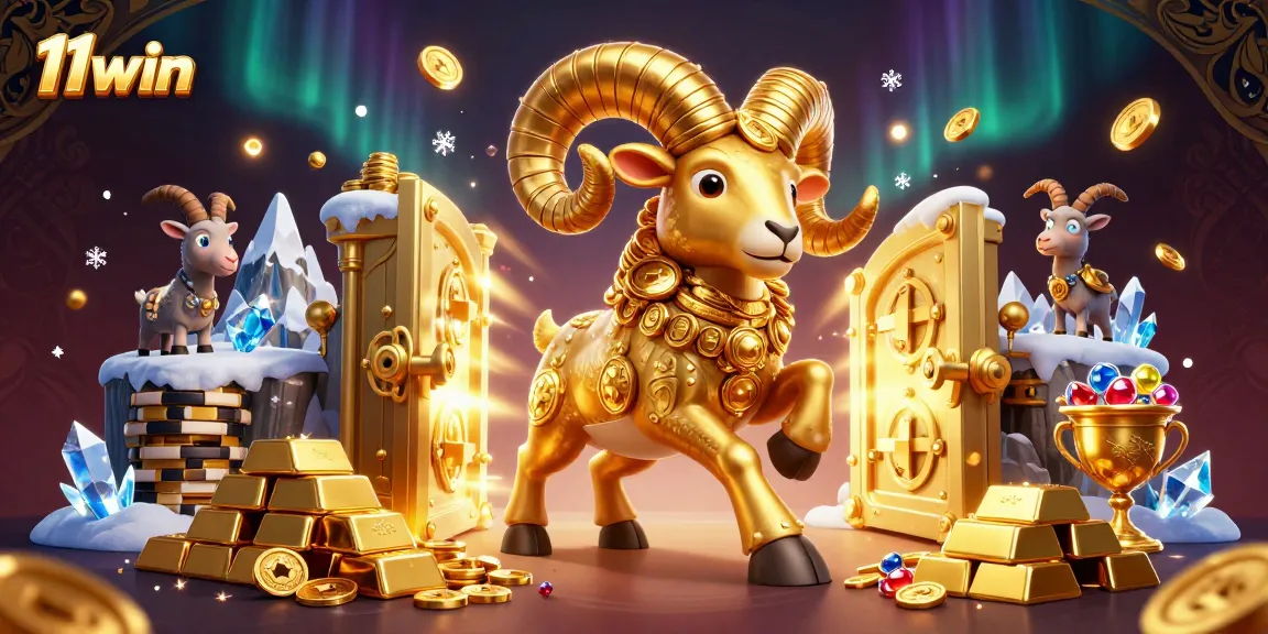 Engage with the thrilling allure of 11win, featuring a golden ram charging at treasures in a 3D casino scene.