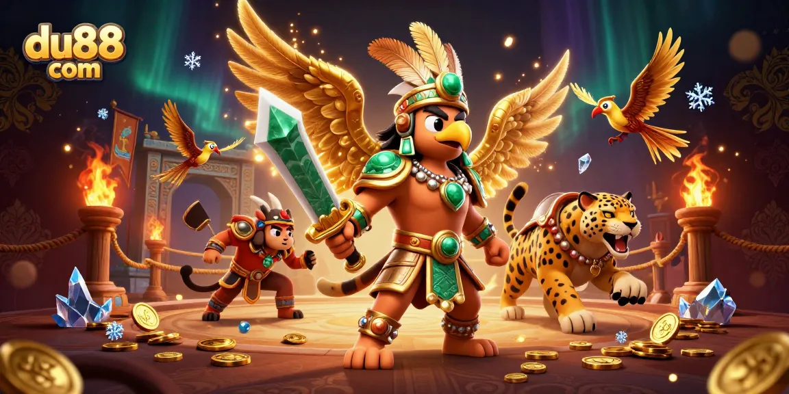 Engage with du88 com through a vibrant 3D illustration depicting Aztec warriors in an exhilarating gambling arena.