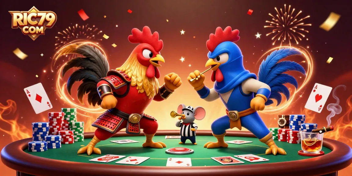 Bet on RIC79 COM with fierce fighting roosters at a vibrant poker showdown in a grand casino.