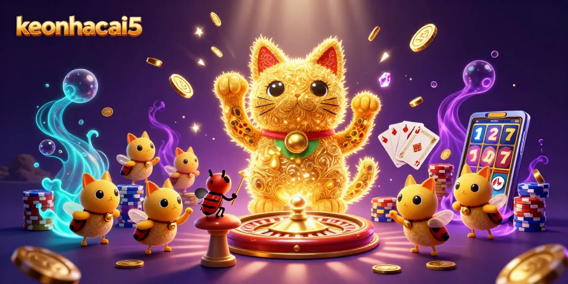 Engage with keonhacai5's thrilling 3D casino experience featuring lucky symbols and vibrant elements.
