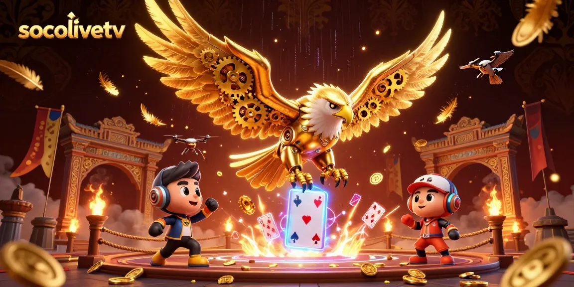 Experience the thrill of socolivetv with a dynamic casino-themed 3D illustration showcasing golden eagle action.