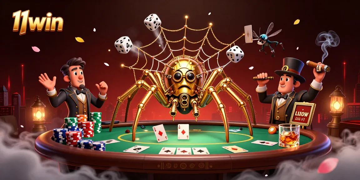 Engage with 11win's vibrant steampunk casino scene featuring card elements and rich 3D artistry.