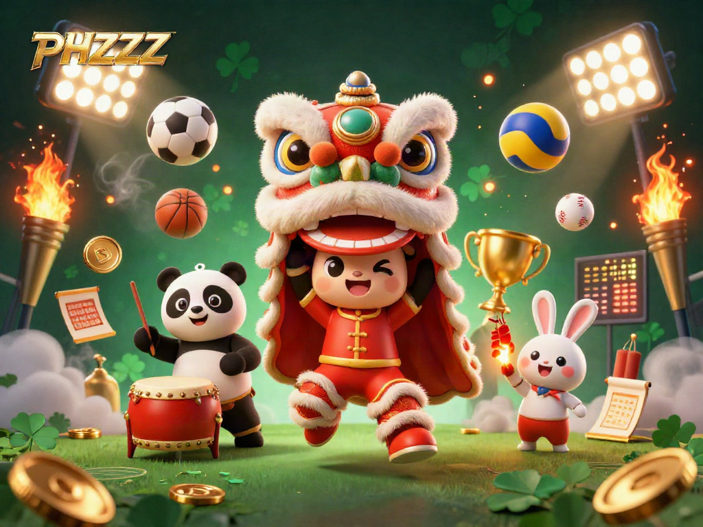 Engage with PHZZZ as adorable characters celebrate with a lion dance surrounded by vibrant gambling elements.