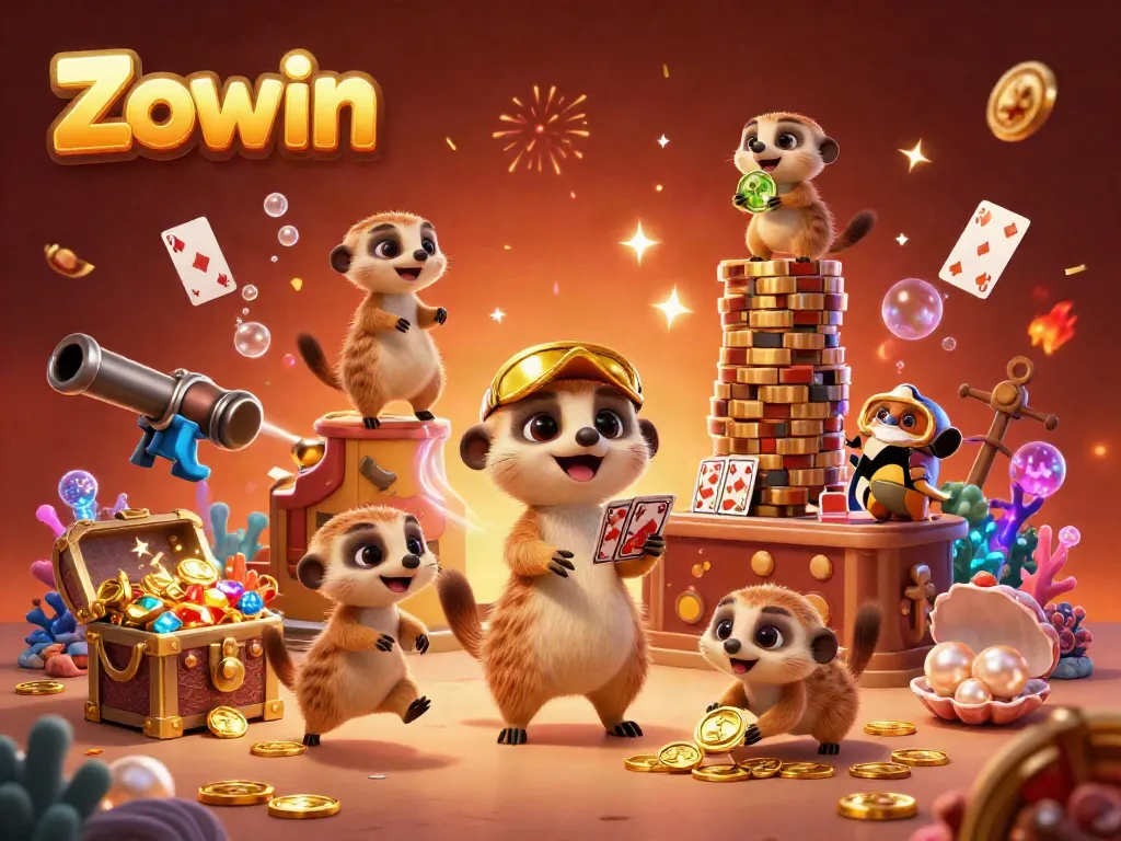 Zowin meerkats running a fun casino operation with treasure, festive atmosphere, and colorful cards.
