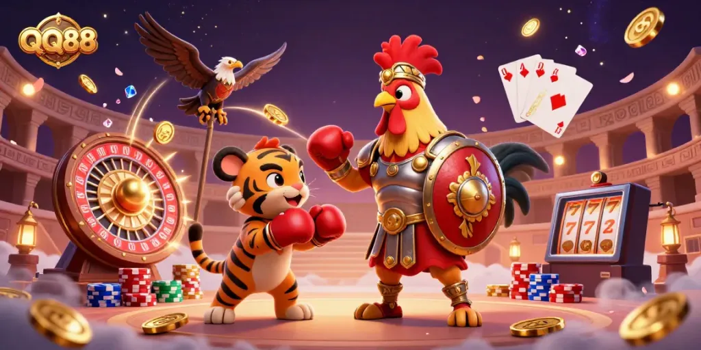 Engage with the 3D illustration of QQ88 showcasing a gladiator rooster, tiger cub, and eagle in a vibrant casino scene.