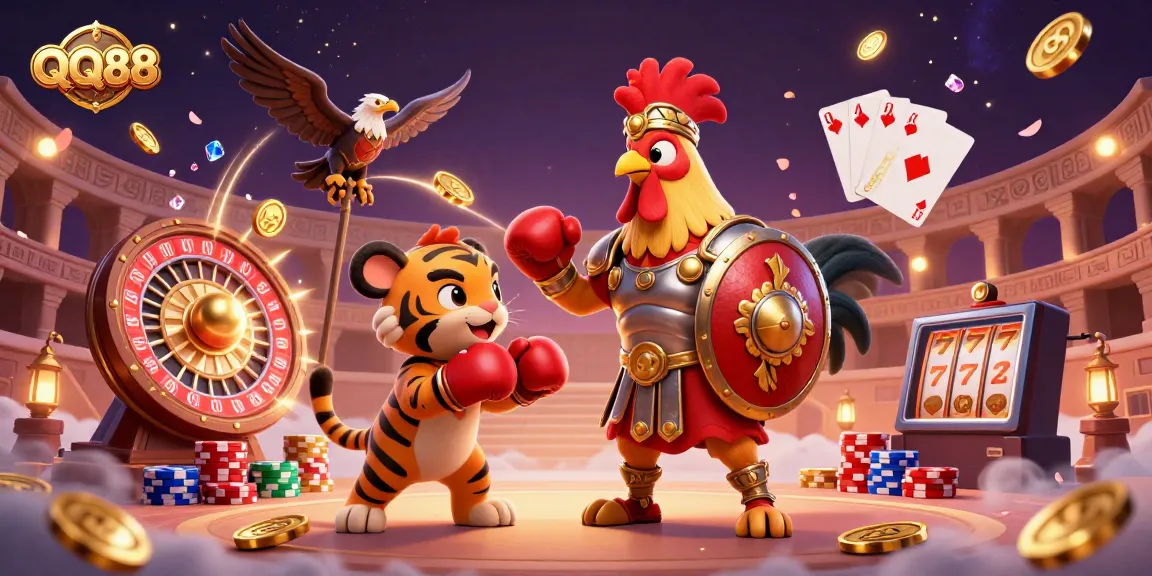Engage with the 3D illustration of QQ88 showcasing a gladiator rooster, tiger cub, and eagle in a vibrant casino scene.