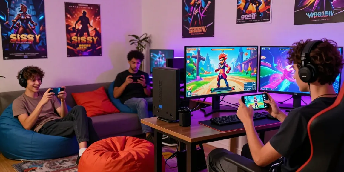 Engaging scene of players immersed in a sissy hentai game, showcasing vibrant character transformations.
