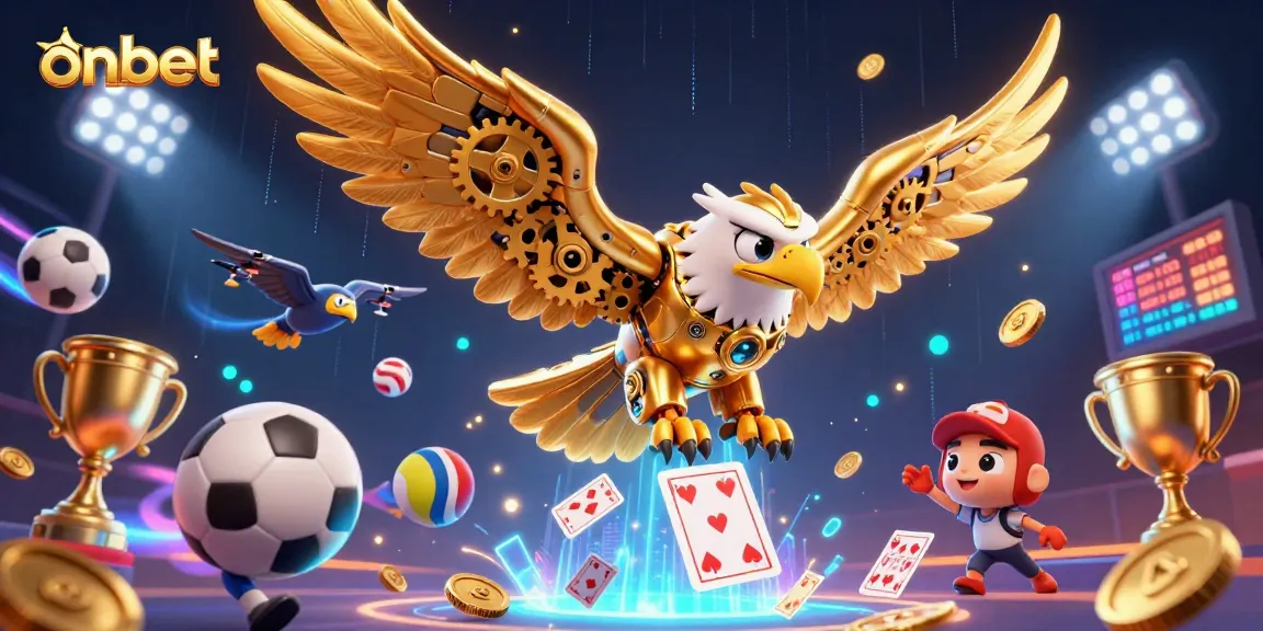 Experience exhilarating wins at onbet with a dynamic 3D casino illustration featuring golden eagle and sports elements.