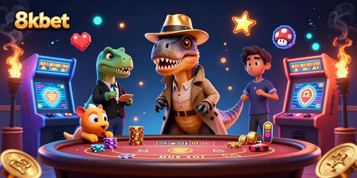 8xbet show's a velociraptor card counter at a blackjack table among vibrant casino-themed elements.