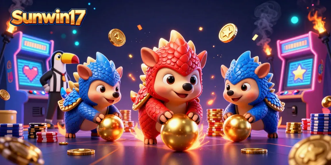 Engage with sunwin17 in a 3D cartoon scene featuring pangolin rivals and colorful casino elements.