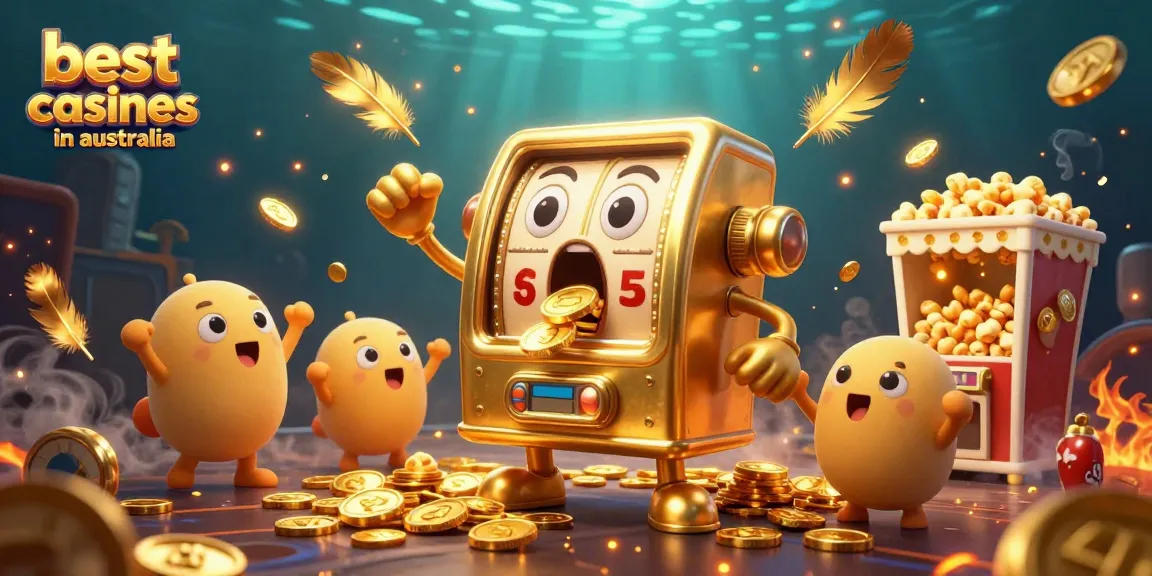 Best online casinos in Australia showcase thrilling moments as a golden slot machine celebrates a jackpot.