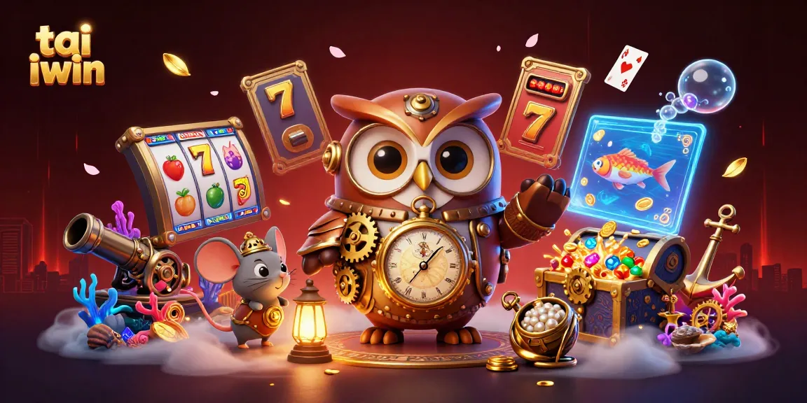 Experience the excitement of tai iwin with a steampunk owl and casino elements bursting with vibrant energy.